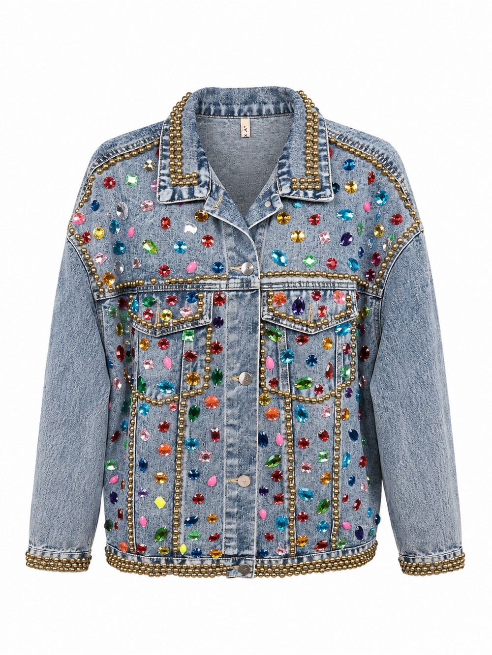 Embellished Light Blue Denim Jacket with Multicolor Gems